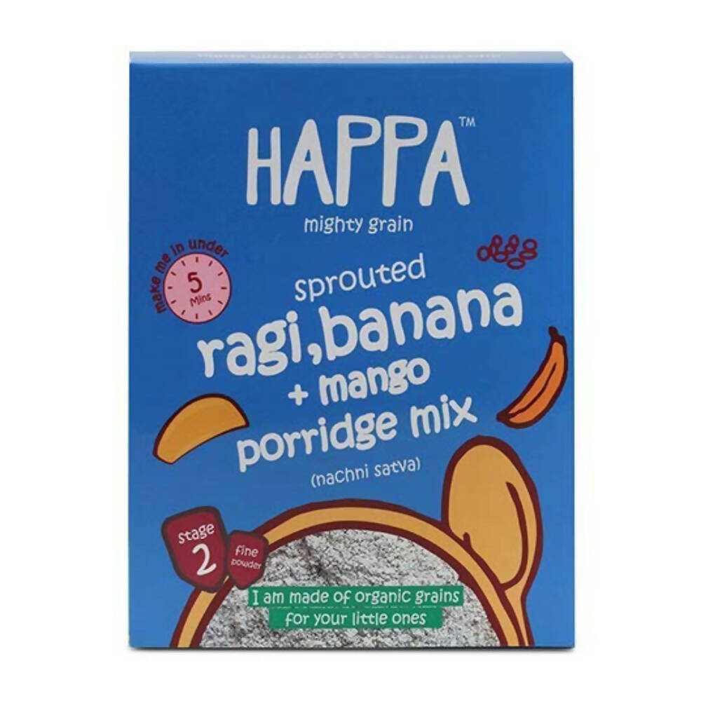 Box of Happa sprouted ragi, banana + mango porridge mix on a white background