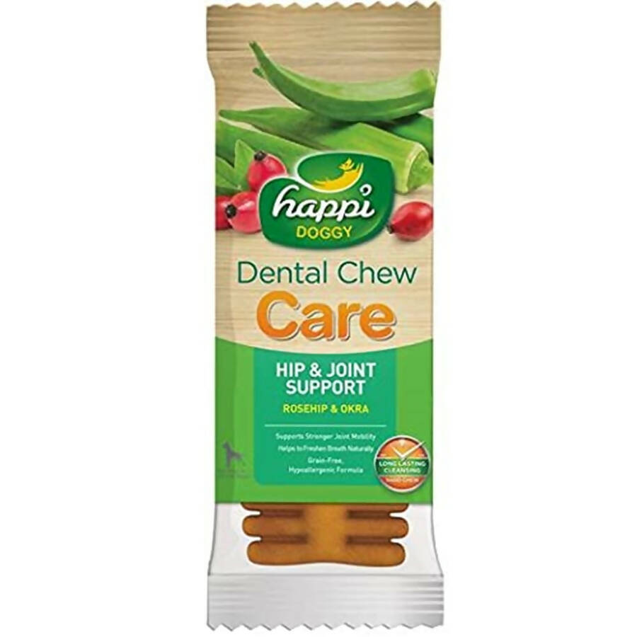 Packaging of happi Doggy Dental Chew Care for dogs on a white background