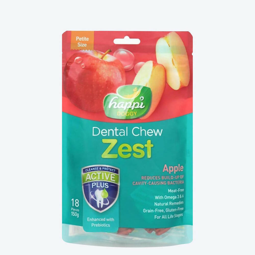 Packaging of happi Zesty Dental Chew for pets with apple flavor on a white background
