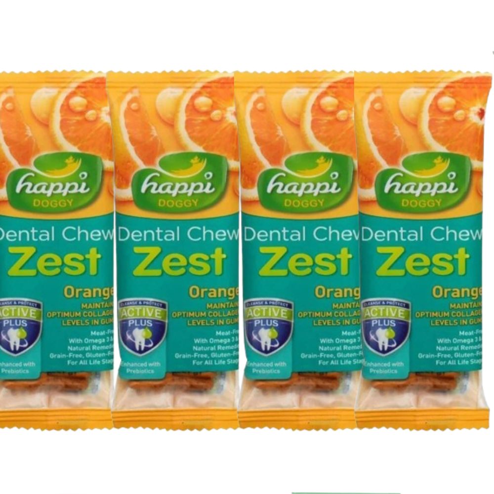 Four packages of happi Doggy Zest Orange Dental Chews on a white background