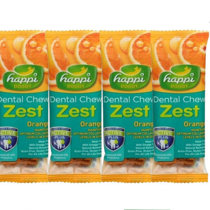 Four packages of happi Doggy Zest Orange Dental Chews on a white background