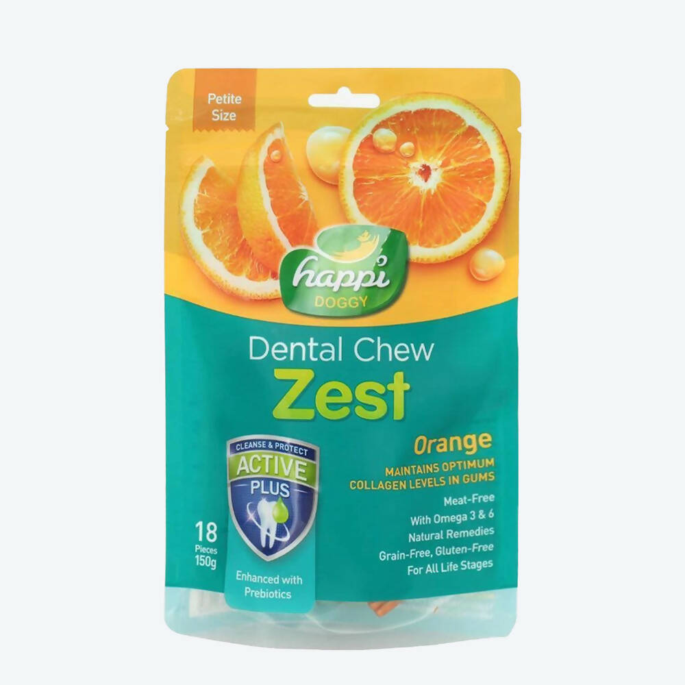 Packaging of happi Doggy Dental Chew Zest Orange on a white background