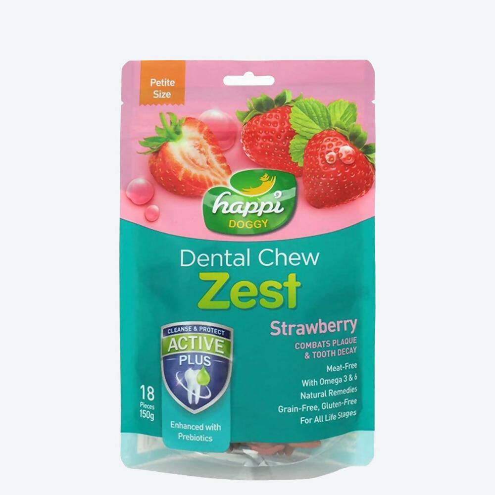 Packaging of happi Doggy Dental Chew Zest Strawberry for dogs on a white background