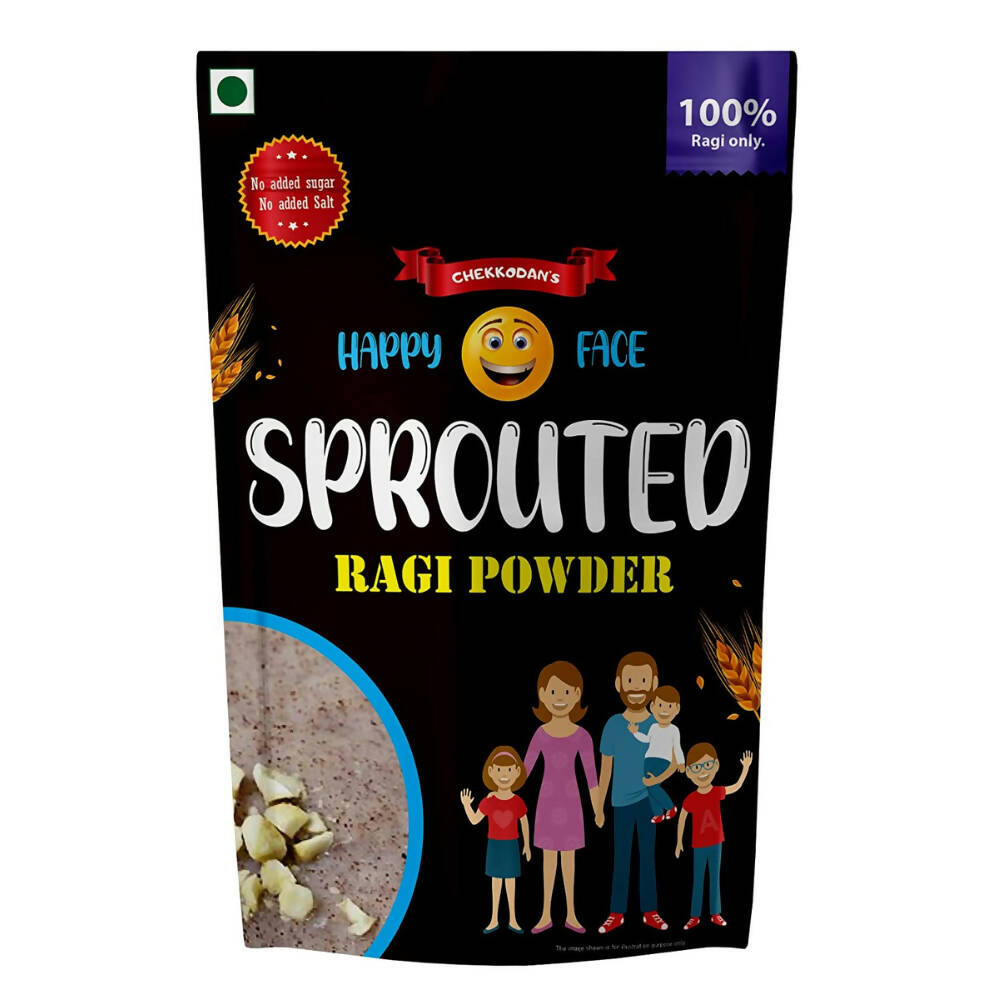 Package of Happy Face Sprouted Ragi Powder with family illustration on a black background