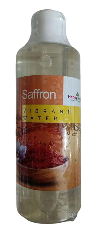 Bottle of Saffron Vibrant Water with a colorful label on a white background