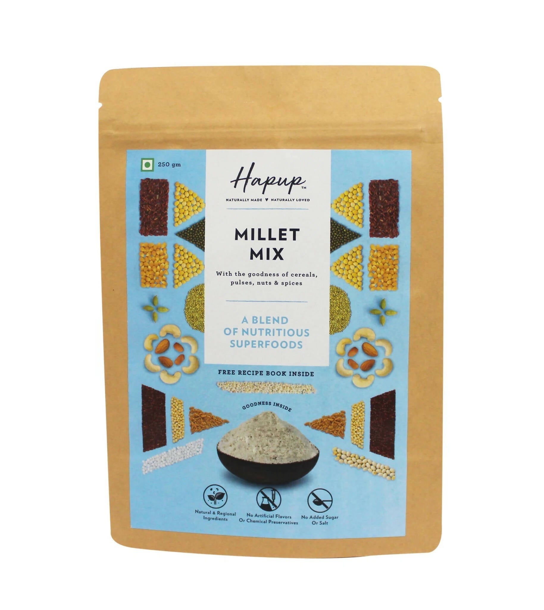 Package of Hapup Millet Mix with a blue label and brown border