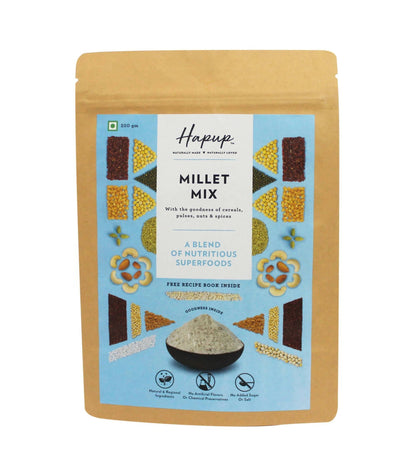 Package of Hapup Millet Mix with a blue label and brown border