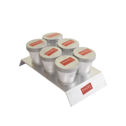 Set of six silver containers with 'Hazel' branding on a white background