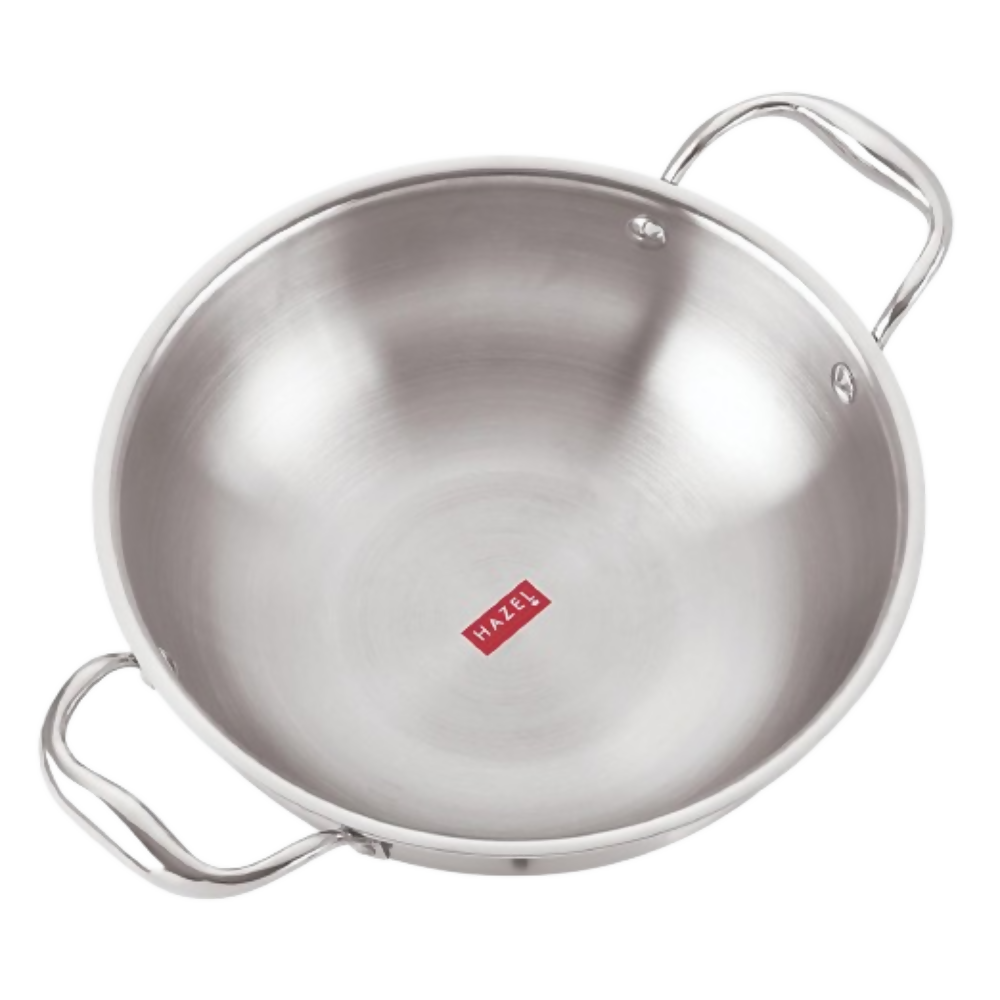 Stainless steel wok with a brand logo on a white background