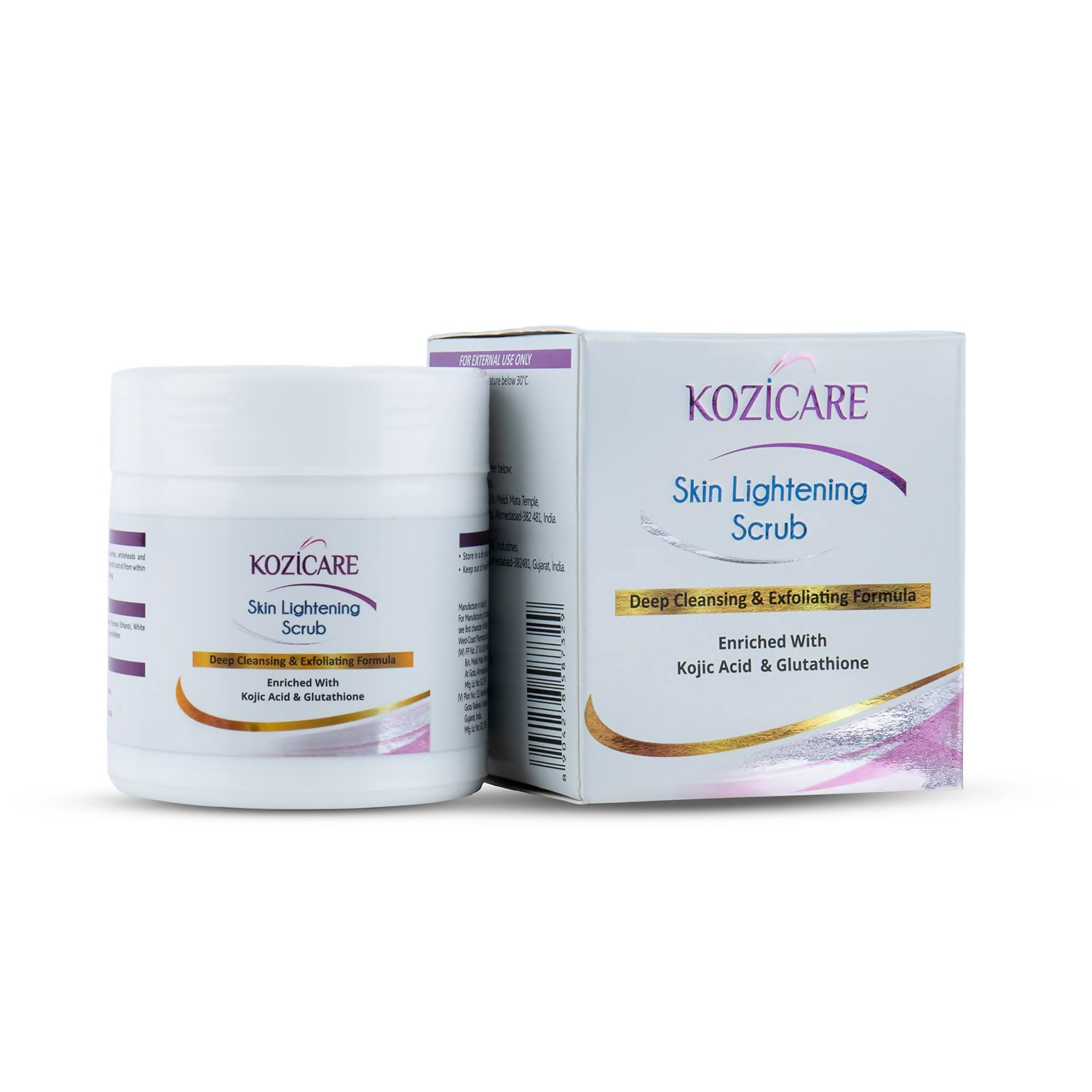 Kozicare Skin Lightening Scrub jar and packaging on a white background