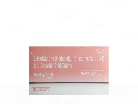 Box of Helga TX tablets with ingredients listed on a white background