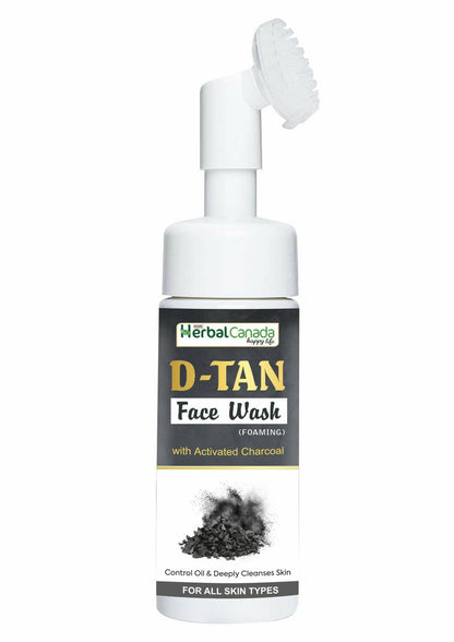 Herbal Canada D-Tan Face Wash bottle with charcoal on a white background