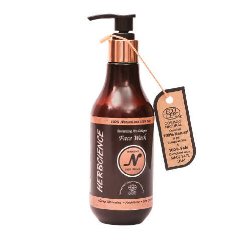 Herbaince face wash bottle with pump and tag on a white background