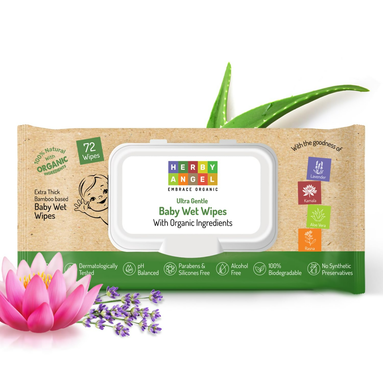 Package of Happy Angel baby wet wipes with organic ingredients, featuring a pink flower and green leaves on a white background.