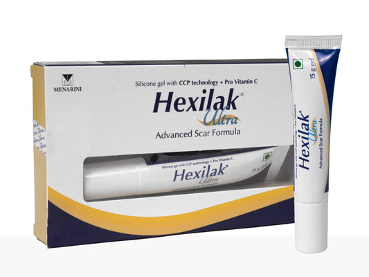 Hexilak Ultra scar treatment packaging with a tube and box on a white background