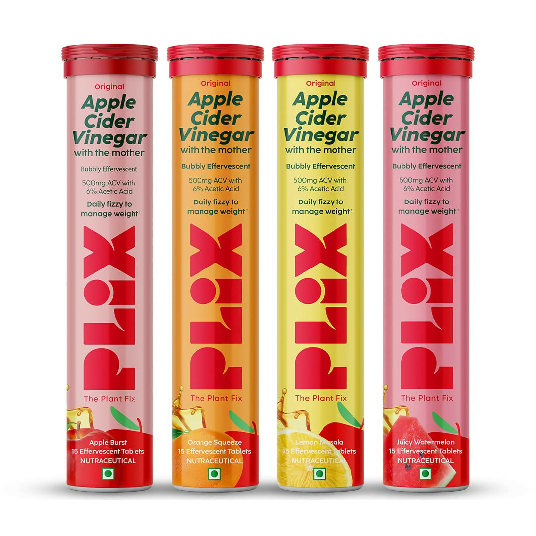 Four tubes of Apple Cider Vinegar with the mother, each in different flavors, on a white background.