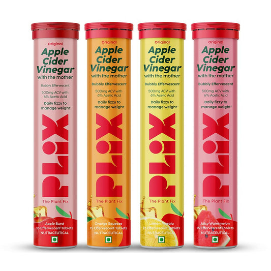 Four tubes of Apple Cider Vinegar with the mother, each in different flavors, on a white background.