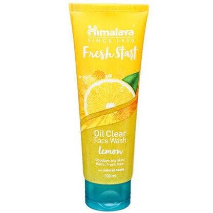 A tube of Himalaya Fresh Start Oil Clear Lemon Face Wash with a yellow and blue color scheme.