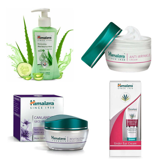 Collection of Himalaya skincare products including face wash, cream, and boxes on a white background.