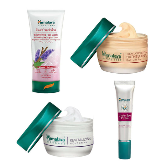 Himalaya skincare products including face wash, day cream, night cream, and under eye cream on a white background.
