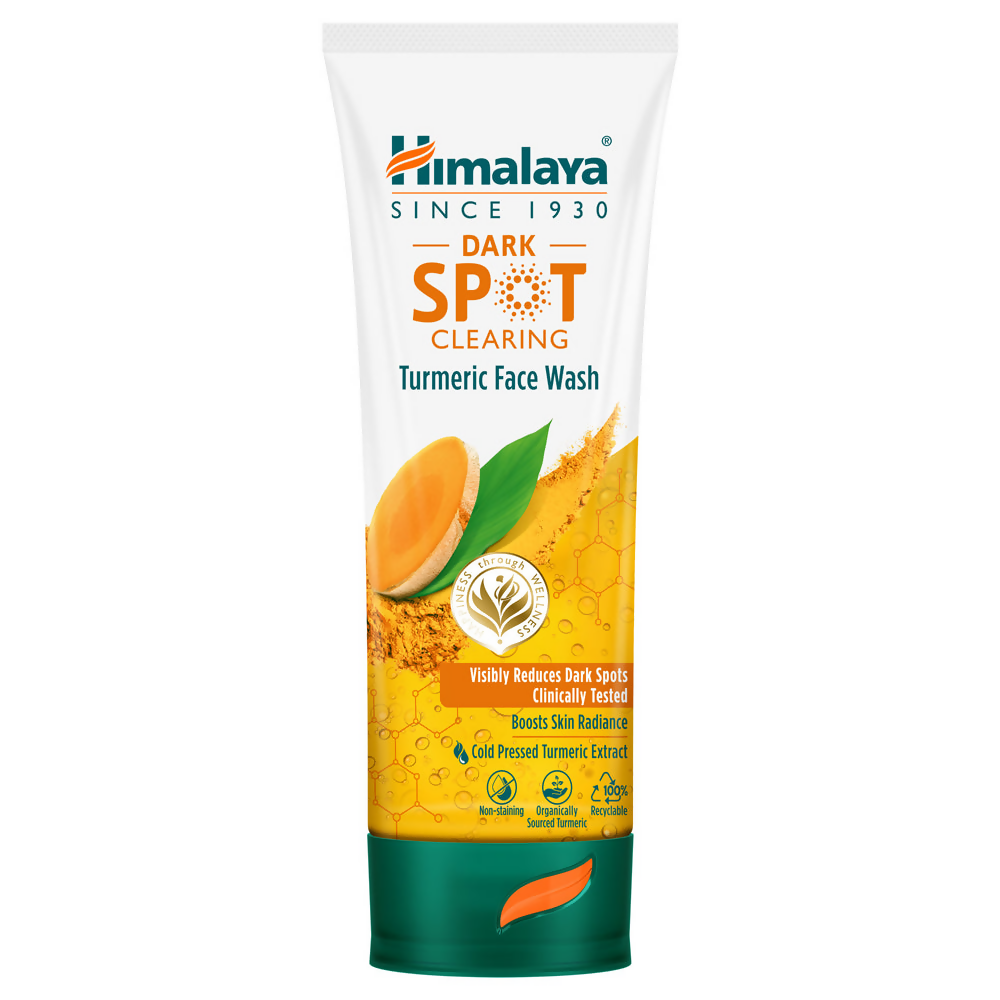 A tube of Himalaya Herbals Dark Spot Clearing Turmeric Face Wash with an illustration of turmeric root and leaves on the packaging.