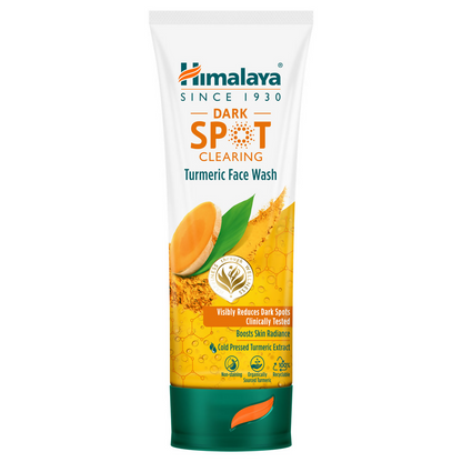 A tube of Himalaya Herbals Dark Spot Clearing Turmeric Face Wash with an illustration of turmeric root and leaves on the packaging.