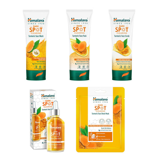 Himalaya skincare products including face wash, face pack, serum, and sheet mask on a white background.