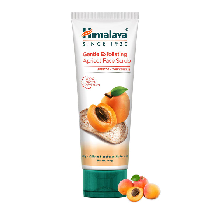 A tube of Himalaya Herbals Gentle Exfoliating Apricot Scrub with an image of apricots and a bread loaf on the front.