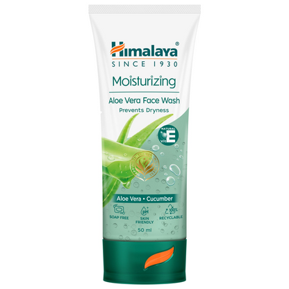 A tube of Himalaya Herbals Moisturizing Aloe Vera Face Wash with graphics indicating it contains aloe vera and cucumber, and is soap-free and recyclable.