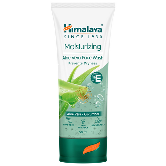 A tube of Himalaya Herbals Moisturizing Aloe Vera Face Wash with graphics indicating it contains aloe vera and cucumber, and is soap-free and recyclable.