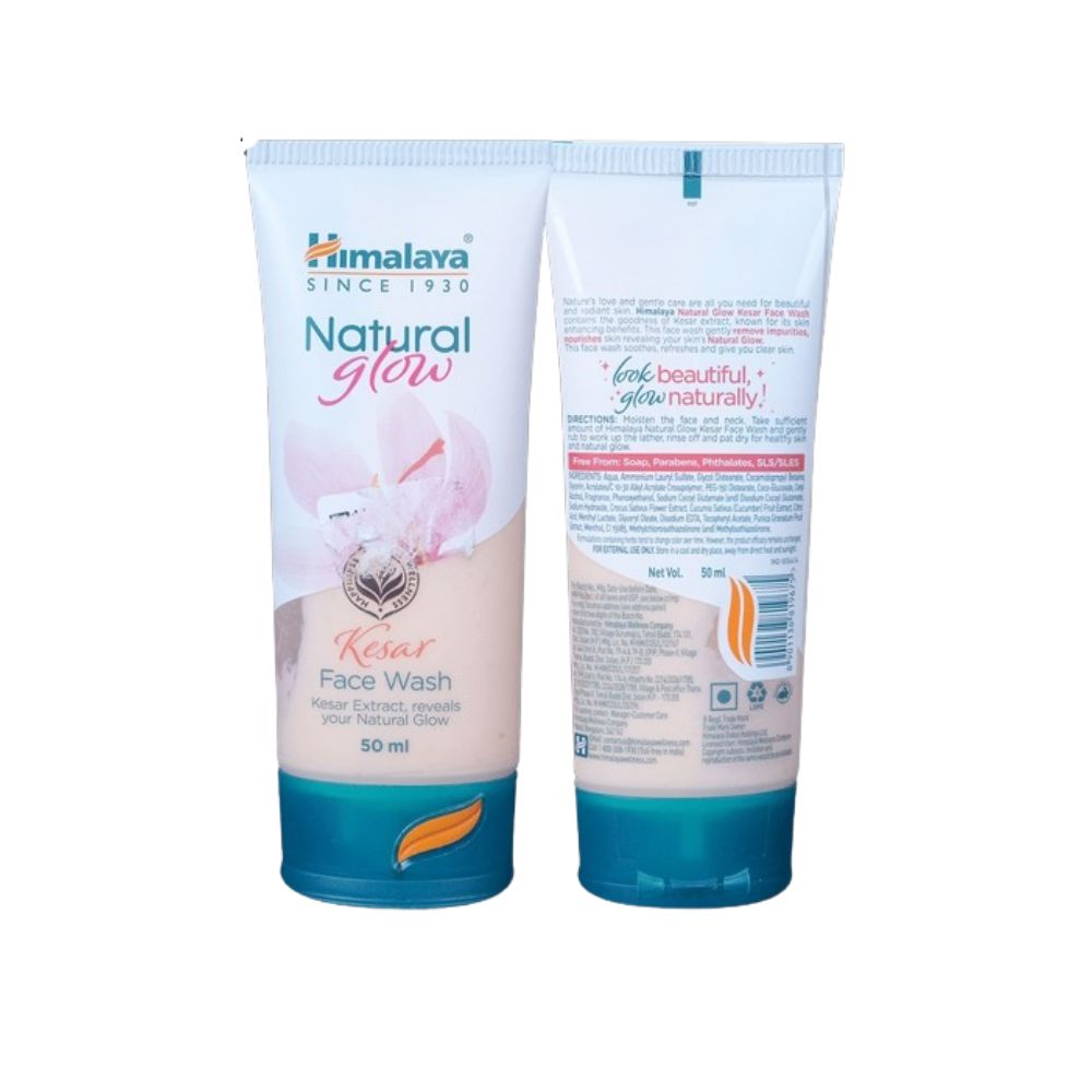 Two tubes of Himalaya Herbals Natural Glow Kesar Face Wash, one with the cap on and one with the cap off showing the packaging and instructions.