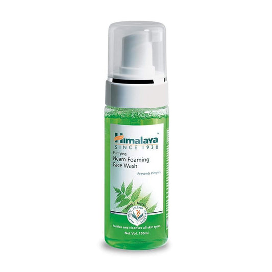 A bottle of Himalaya Herbals Purifying Neem Foaming Face Wash with a pump dispenser, labeled for skin care.
