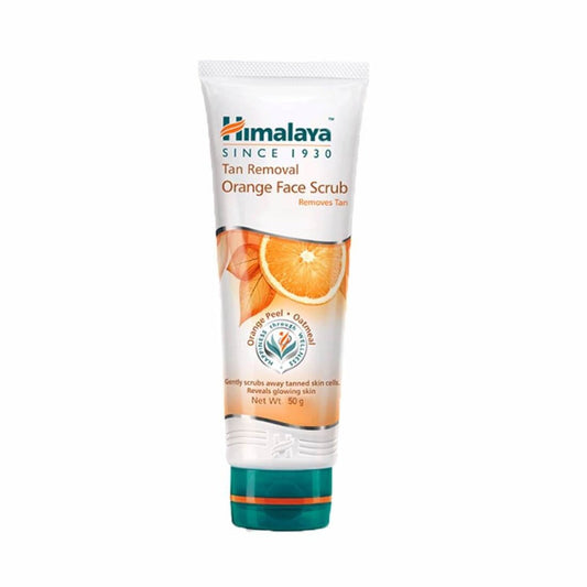 A tube of Himalaya Herbals Tan Removal Orange Face Scrub with an image of an orange on the label and text detailing the product name and purpose.