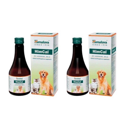 Himalaya HimCal pet supplement bottles and boxes on a white background