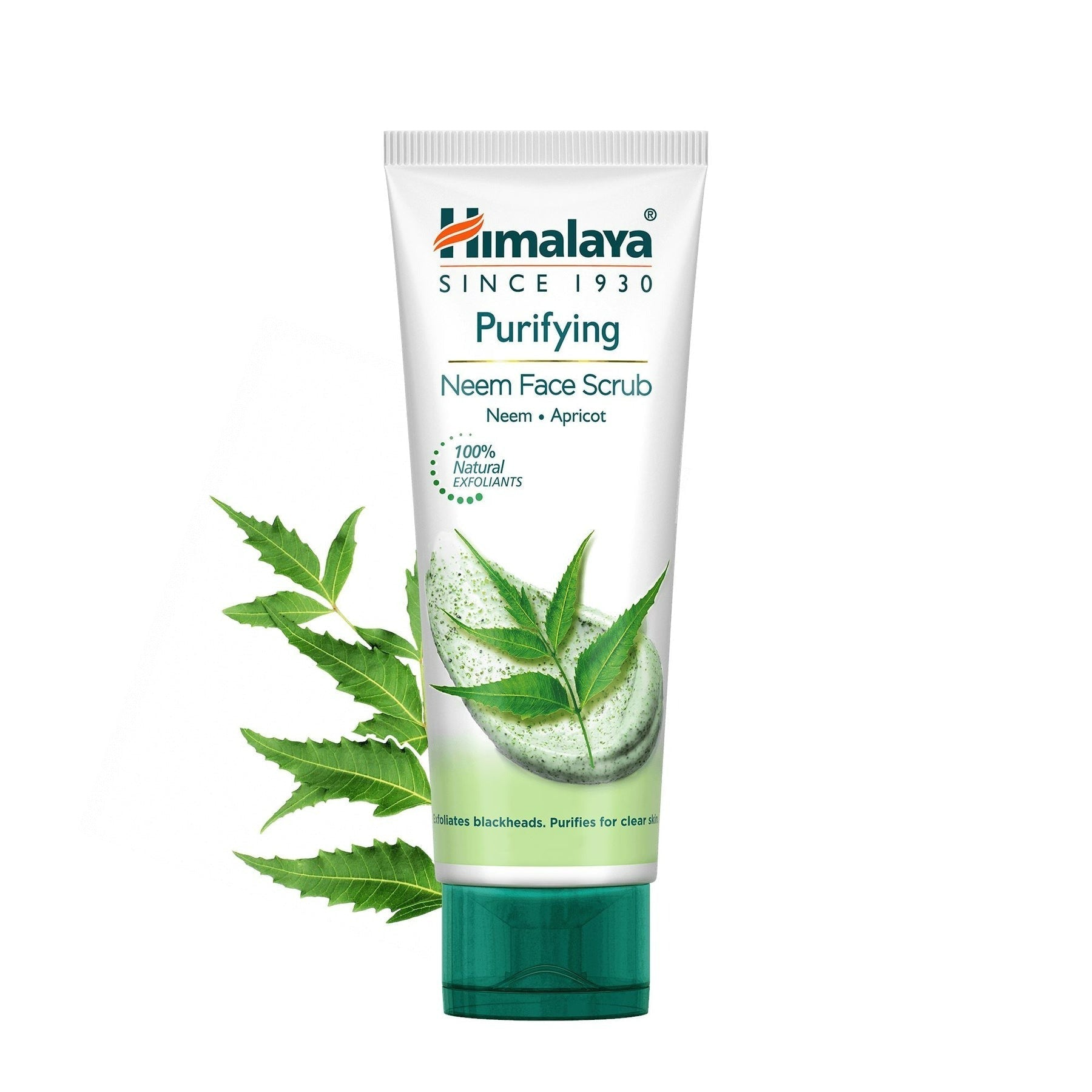 Himalaya Purifying Neem Scrub tube with green leaves and text, indicating the brand and product name.