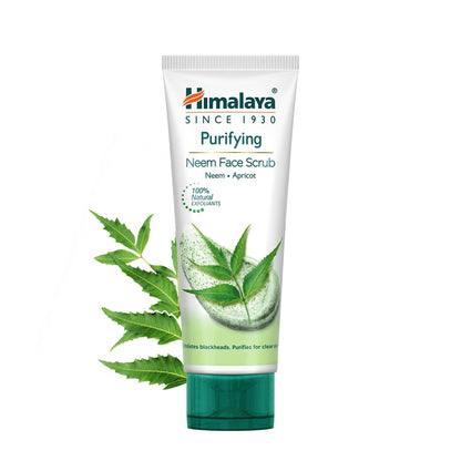 Himalaya Purifying Neem Scrub tube with green leaves and text, indicating the brand and product name.