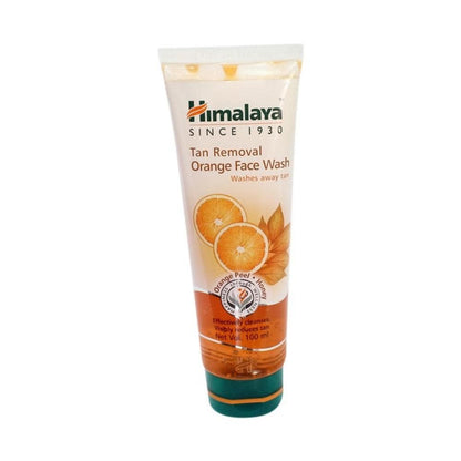 A tube of Himalaya Tan Removal Orange Face Wash with an image of an orange and a leaf on the packaging.