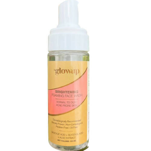 Glowup brightening foaming face wash bottle on a white background