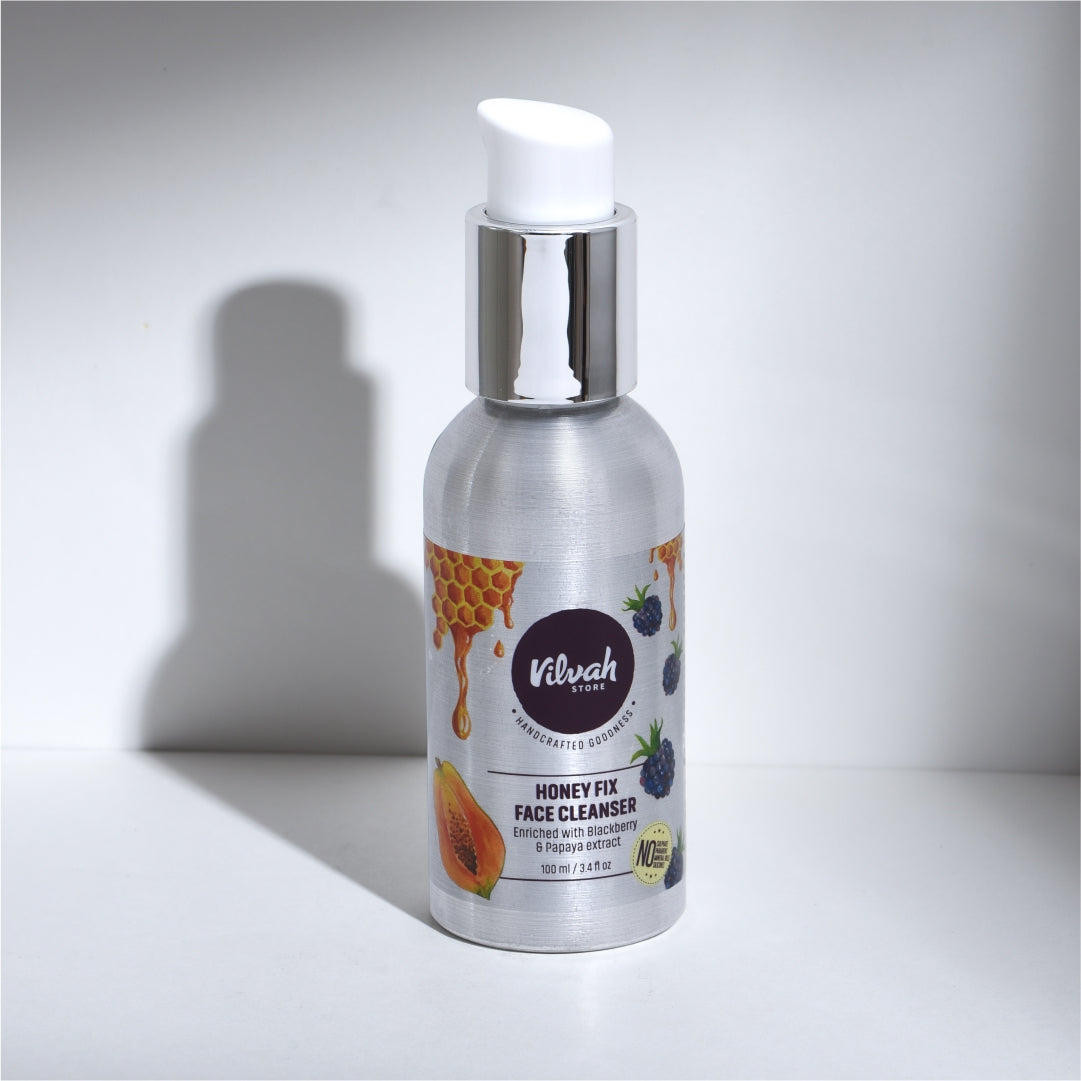 Vilvah Honey Fit Face Cleanser bottle on a light gray background