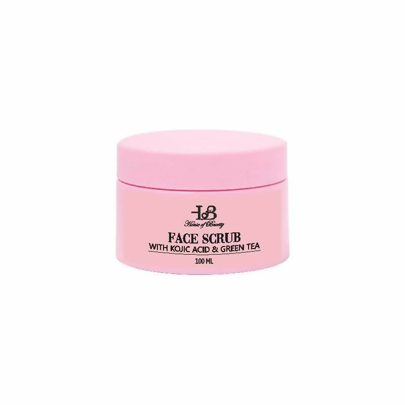 Pink face scrub container with branding on a white background