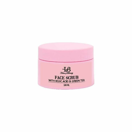 Pink face scrub container with branding on a white background