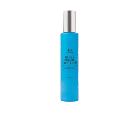 Blue face wash bottle with silver cap on a white background