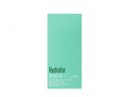 Green skincare product packaging with 'Hydrafar' branding on a white background