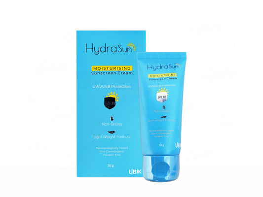 HydraSun moisturising sunscreen cream packaging on a white background