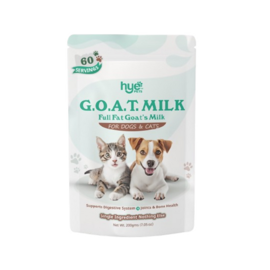 Package of G.O.A.T. Milk for dogs and cats with images of a cat and a dog on a white background.