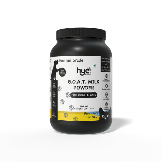 Black container of G.O.A.T. Milk Powder for dogs and cats on a white background