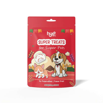 Red package of hye pets super treats for pets on a white background