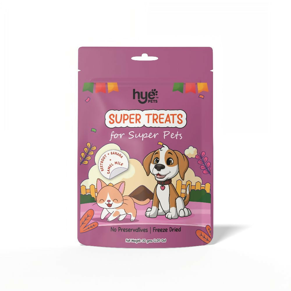 Hye Pets Super Treats packaging with cartoon dogs on a pink background