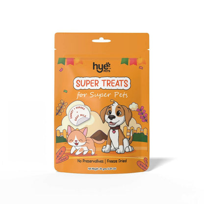 Hye Pets Super Treats packaging with cartoon animals on an orange background