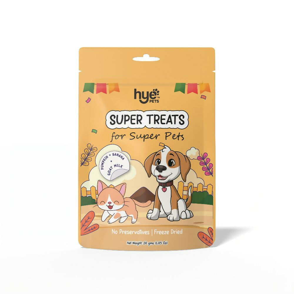 Hye Pets Super Treats packaging with cartoon animals on a white background